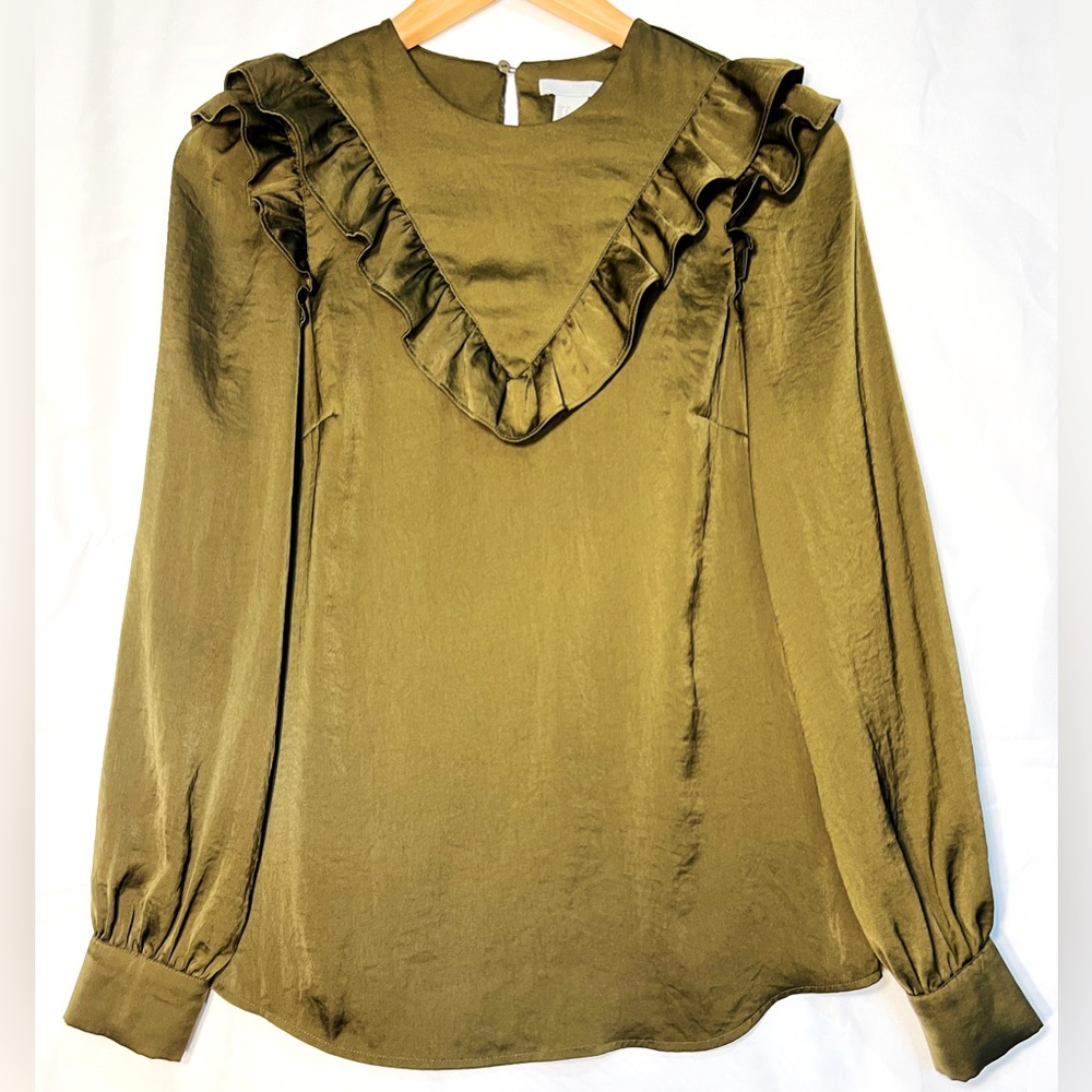H & M Olive Green Long Sleeve, Ruffle Front Blouse Size 6